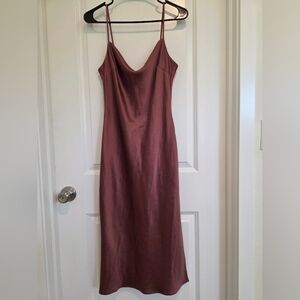 Express Cowl Neck Satin Midi Dress with Side Slits Sz S Bronze Slip Slinky